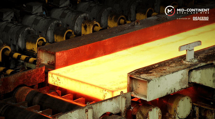 Close-up of raw steel industrial rods being processed